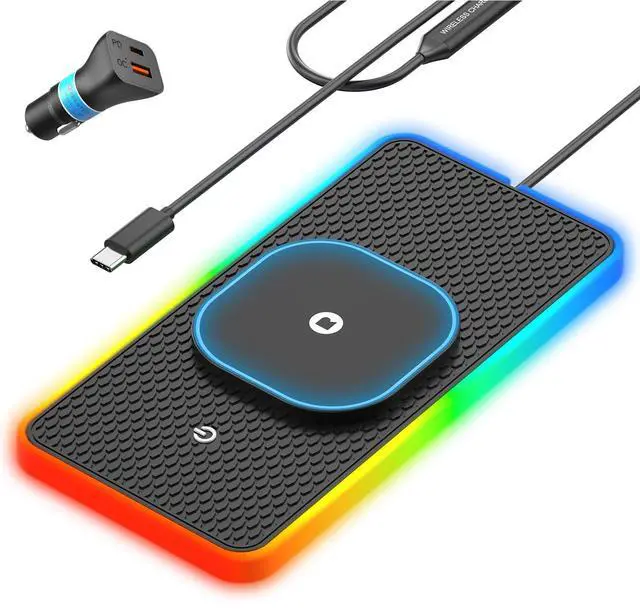 Main image of RGB Wireless Car Charging Pad for Magsafe, 15W LED Magnetic Wireless Charger for Car Non Slip Type C Charging Mat with 40W Car Charger Compatible with iPhone 17-12, Airpods (30CM Cable)