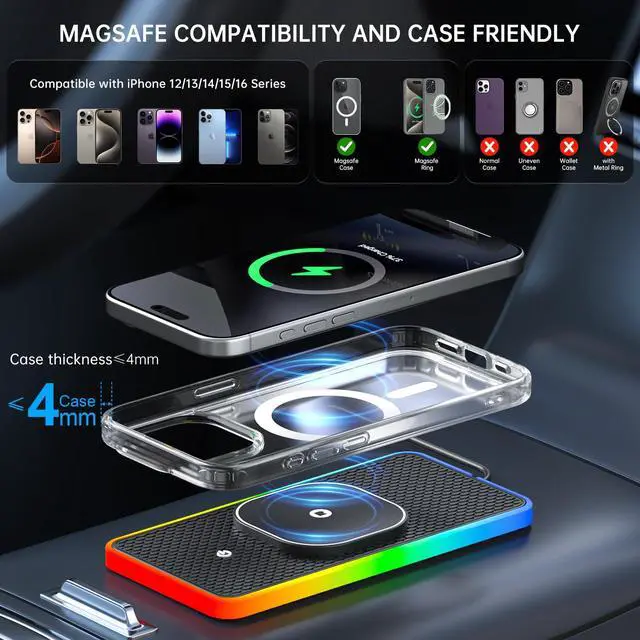 Alt view image 4 of 6 - RGB Wireless Car Charging Pad for Magsafe, 15W LED Magnetic Wireless Charger for Car Non Slip Type C Charging Mat with 40W Car Charger Compatible with iPhone 17-12, Airpods (30CM Cable)