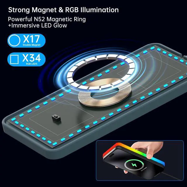Alt view image 5 of 6 - RGB Wireless Car Charging Pad for Magsafe, 15W LED Magnetic Wireless Charger for Car Non Slip Type C Charging Mat with 40W Car Charger Compatible with iPhone 17-12, Airpods (30CM Cable)