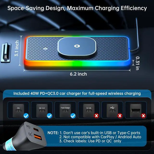 Alt view image 6 of 6 - RGB Wireless Car Charging Pad for Magsafe, 15W LED Magnetic Wireless Charger for Car Non Slip Type C Charging Mat with 40W Car Charger Compatible with iPhone 17-12, Airpods (30CM Cable)