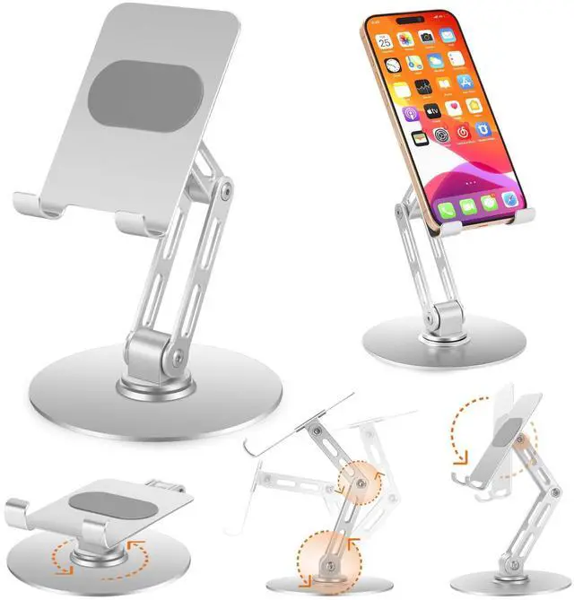 Main image of Foldable Desktop Phone Stand for Desk with Adjustable Height up to 6.7inch/17cm Sturdy 360° Rotating Desktop Holder for 4-11 Inch Cell Phones/Tablets, Aluminum Alloy/Carbon Steel Base