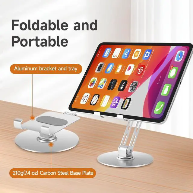 Alt view image 2 of 7 - Foldable Desktop Phone Stand for Desk with Adjustable Height up to 6.7inch/17cm Sturdy 360° Rotating Desktop Holder for 4-11 Inch Cell Phones/Tablets, Aluminum Alloy/Carbon Steel Base