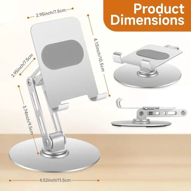 Alt view image 3 of 7 - Foldable Desktop Phone Stand for Desk with Adjustable Height up to 6.7inch/17cm Sturdy 360° Rotating Desktop Holder for 4-11 Inch Cell Phones/Tablets, Aluminum Alloy/Carbon Steel Base