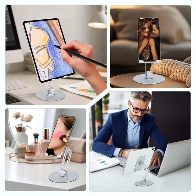 Alt view image 4 of 7 - Foldable Desktop Phone Stand for Desk with Adjustable Height up to 6.7inch/17cm Sturdy 360° Rotating Desktop Holder for 4-11 Inch Cell Phones/Tablets, Aluminum Alloy/Carbon Steel Base