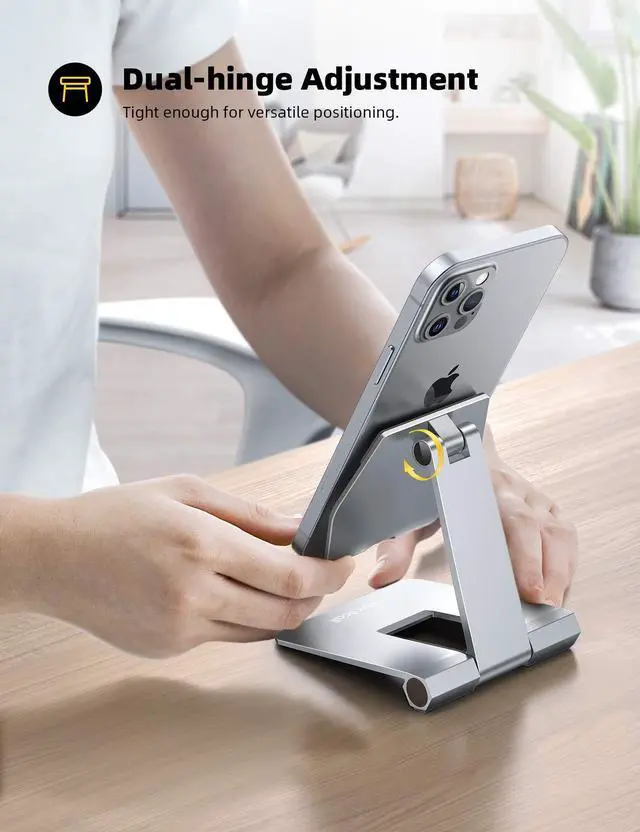 Alt view image 2 of 7 - Aluminum Metal Adjustable Cell Phone Stand Desk - Heavy Duty Foldable Desktop Phone Holder, for iPhone 17 16 15 14, Plus, Pro, Pro Max, 13 12 Plus, Galaxy S26 25, 4-11'' Sliver