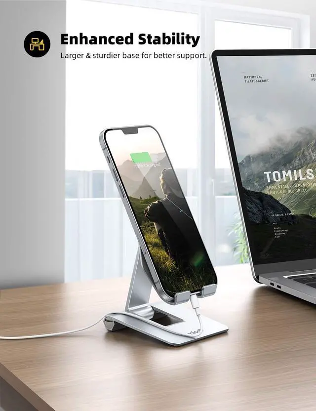 Alt view image 3 of 7 - Aluminum Metal Adjustable Cell Phone Stand Desk - Heavy Duty Foldable Desktop Phone Holder, for iPhone 17 16 15 14, Plus, Pro, Pro Max, 13 12 Plus, Galaxy S26 25, 4-11'' Sliver