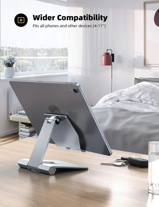 Alt view image 4 of 7 - Aluminum Metal Adjustable Cell Phone Stand Desk - Heavy Duty Foldable Desktop Phone Holder, for iPhone 17 16 15 14, Plus, Pro, Pro Max, 13 12 Plus, Galaxy S26 25, 4-11'' Sliver