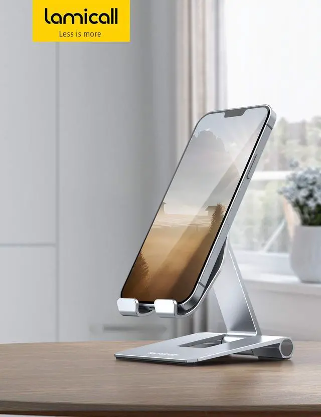 Alt view image 7 of 7 - Aluminum Metal Adjustable Cell Phone Stand Desk - Heavy Duty Foldable Desktop Phone Holder, for iPhone 17 16 15 14, Plus, Pro, Pro Max, 13 12 Plus, Galaxy S26 25, 4-11'' Sliver