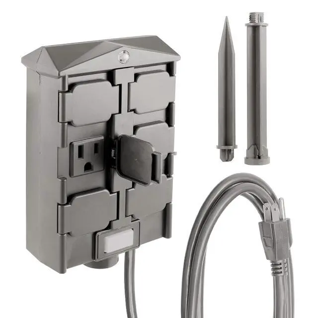 Alt view image 3 of 7 - Outdoor 6 Outlet Yard Stake Timer, Plug-in, Dusk to Dawn Photocell, Weather Resistant, Heavy-Duty Grounded Outlets, Idea for String Lights, Landscape, Seasonal, 53772 , Green