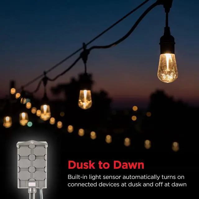 Alt view image 7 of 7 - Outdoor 6 Outlet Yard Stake Timer, Plug-in, Dusk to Dawn Photocell, Weather Resistant, Heavy-Duty Grounded Outlets, Idea for String Lights, Landscape, Seasonal, 53772 , Green