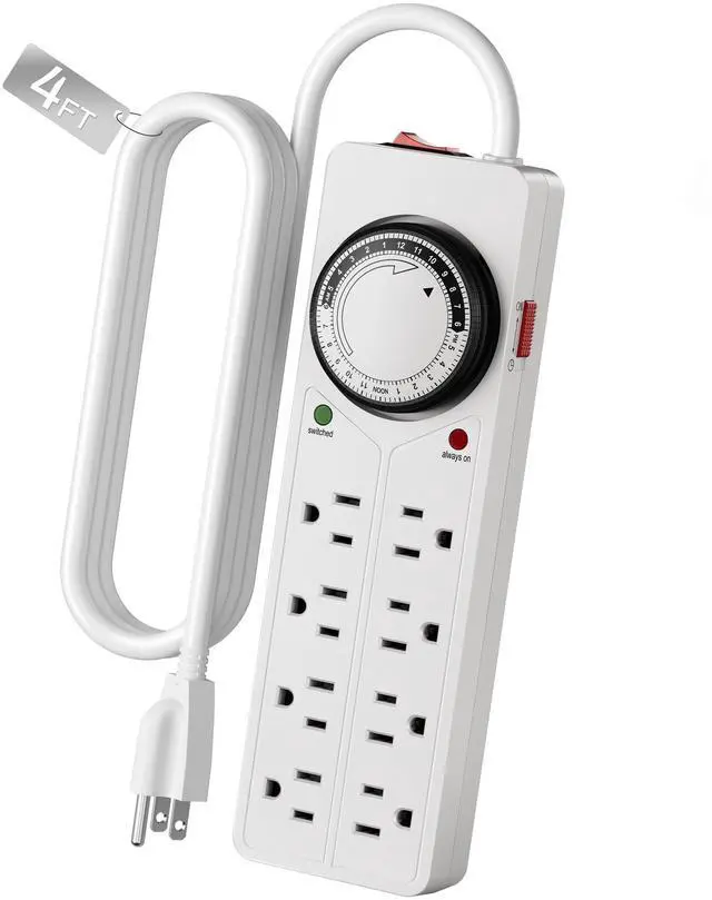 Main image of 8 Outlet Surge Protector with Mechanical Timer, 4 Timed & 4 Always-On Outlets, ETL Listed, 4ft Cord, 1875W, for Aquarium, Grow Lights, Christmas Decor, White