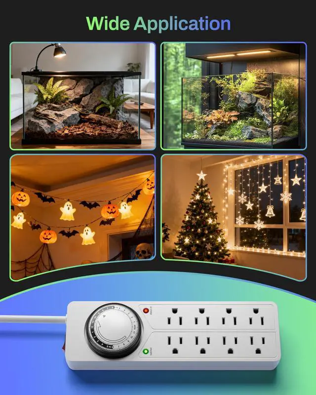 Alt view image 6 of 7 - 8 Outlet Surge Protector with Mechanical Timer, 4 Timed & 4 Always-On Outlets, ETL Listed, 4ft Cord, 1875W, for Aquarium, Grow Lights, Christmas Decor, White