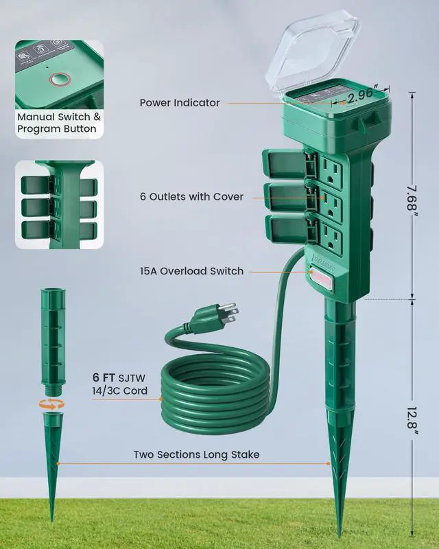 Alt view image 7 of 7 - Outdoor Power Stake, Smart WiFi Light Timer with 6 Electrical Outlets, 6FT Power Strip, Weatherproof for Patio, Outdoor Lights, Christmas Decoration, Compatible with Alexa/Google Assistant