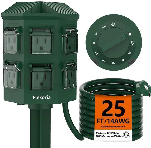 Main image of Outdoor Power Strip Timer Waterproof, Dusk to Dawn Light Sensor Countdown, 25 Feet Extension Cord, 6 Grounded Outlets for Christmas Decorations, ETL Listed