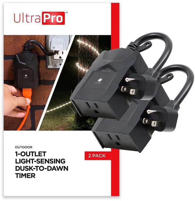 Main image of Outdoor Outlet Timer, Dusk-to-Dawn Sensor, Single Outlet, Simple Automation, Weather-Resistant, Light Sensing, Seasonal Lights Outdoor Timer, Landscape, 2 Pack, Black, 71069