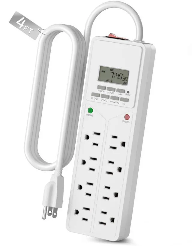 Main image of 8 Outlet Surge Protector with 7-Day Digital Timer (4 Outlets Timed, 4 Outlets Always On) - White