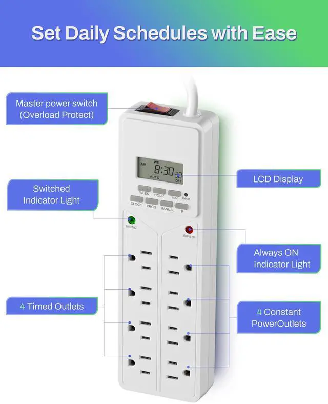 Alt view image 2 of 7 - 8 Outlet Surge Protector with 7-Day Digital Timer (4 Outlets Timed, 4 Outlets Always On) - White