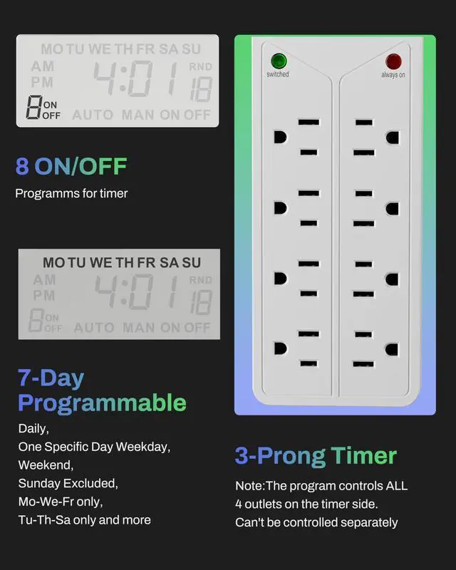 Alt view image 3 of 7 - 8 Outlet Surge Protector with 7-Day Digital Timer (4 Outlets Timed, 4 Outlets Always On) - White