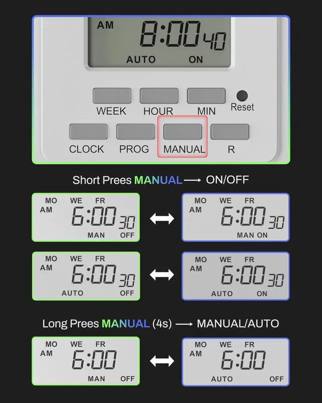 Alt view image 4 of 7 - 8 Outlet Surge Protector with 7-Day Digital Timer (4 Outlets Timed, 4 Outlets Always On) - White