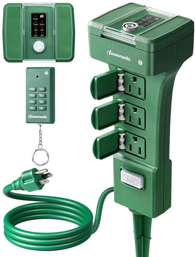 Main image of Outdoor Power Stake Timer Waterproof, 100FT Range Remote Control Outlet Timer, 6 Grounded Outlets 6FT Cord, Photocell Dusk to Dawn, for Lights, Garden, 1875W/15A UL Listed