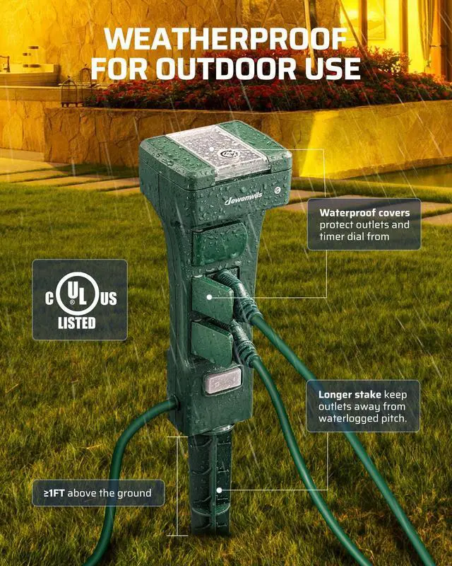 Alt view image 5 of 7 - Outdoor Power Stake Timer Waterproof, 100FT Range Remote Control Outlet Timer, 6 Grounded Outlets 6FT Cord, Photocell Dusk to Dawn, for Lights, Garden, 1875W/15A UL Listed