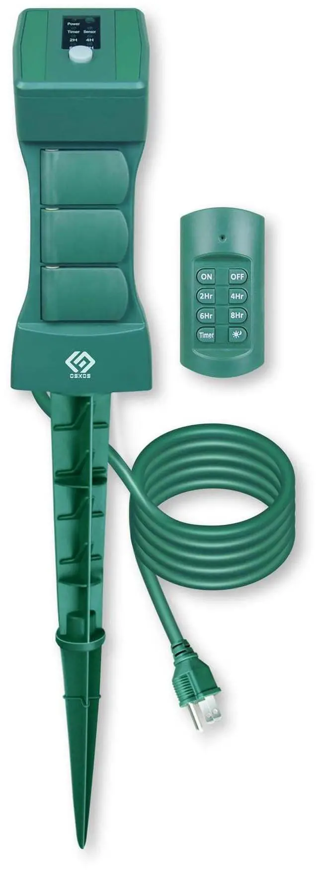 Main image of Outdoor Remote Control Power Stake with Photocell Timer 2/4/6/8 Hour Countdown, Dusk to Dawn, 3 Grounded Outlets 6FT Cord, UL Listed, Green