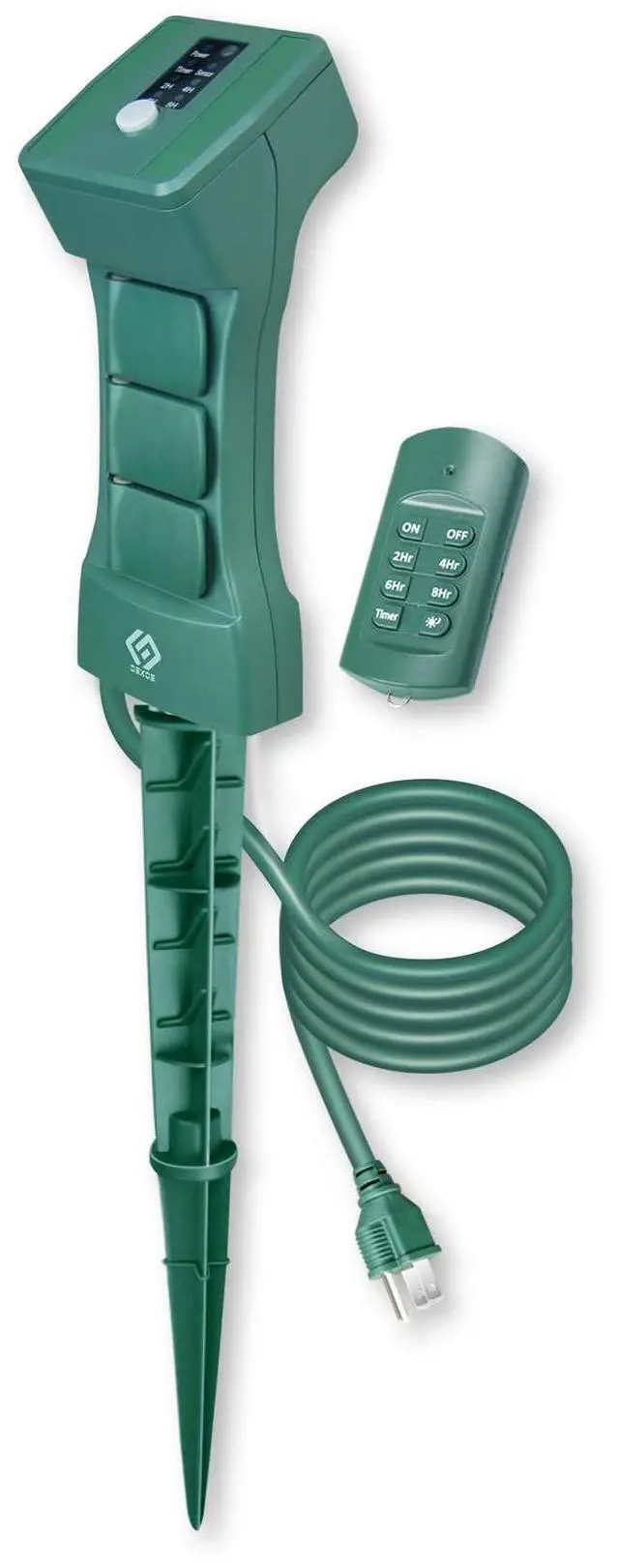 Alt view image 2 of 6 - Outdoor Remote Control Power Stake with Photocell Timer 2/4/6/8 Hour Countdown, Dusk to Dawn, 3 Grounded Outlets 6FT Cord, UL Listed, Green