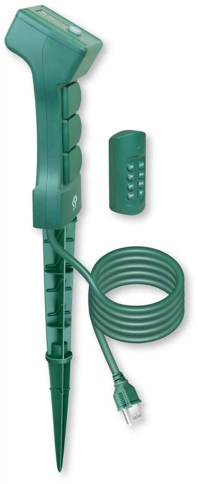 Alt view image 3 of 6 - Outdoor Remote Control Power Stake with Photocell Timer 2/4/6/8 Hour Countdown, Dusk to Dawn, 3 Grounded Outlets 6FT Cord, UL Listed, Green