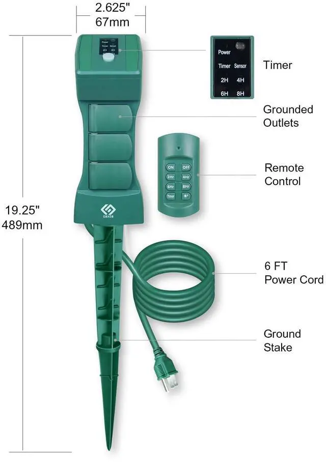 Alt view image 5 of 6 - Outdoor Remote Control Power Stake with Photocell Timer 2/4/6/8 Hour Countdown, Dusk to Dawn, 3 Grounded Outlets 6FT Cord, UL Listed, Green