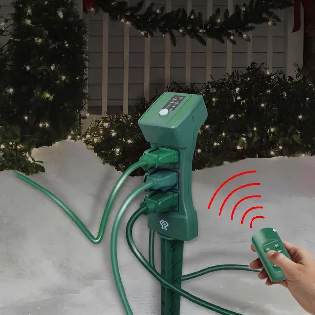 Alt view image 6 of 6 - Outdoor Remote Control Power Stake with Photocell Timer 2/4/6/8 Hour Countdown, Dusk to Dawn, 3 Grounded Outlets 6FT Cord, UL Listed, Green