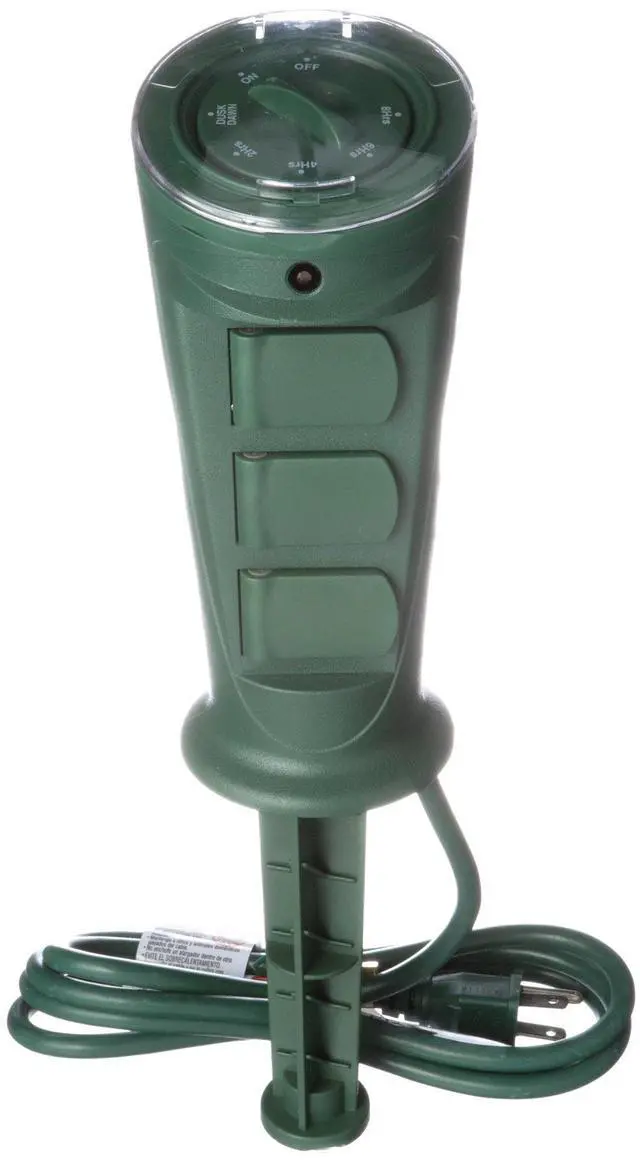 Main image of Outdoor Plug-In Yard Stake Timer - Dusk-to-Dawn Photocell Control - 3 Grounded Outlets - Weatherproof Design - 6-Foot SJTW Cord - Green