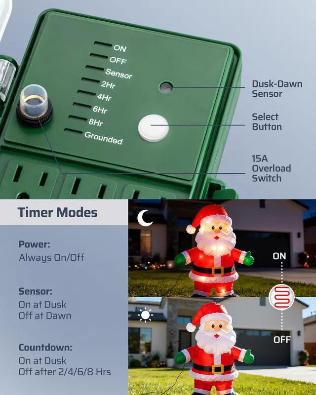 Alt view image 2 of 6 - Outdoor Power Stake Timer, Waterproof Dusk to Dawn Timer with 6 Grounded Outlets, 6FT Extension Cord, 1800W/15A Heavy Duty Outlet for Lights, Yard, Garden, ETL Listed