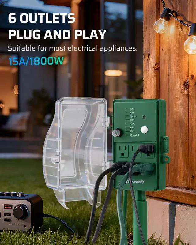Alt view image 3 of 6 - Outdoor Power Stake Timer, Waterproof Dusk to Dawn Timer with 6 Grounded Outlets, 6FT Extension Cord, 1800W/15A Heavy Duty Outlet for Lights, Yard, Garden, ETL Listed