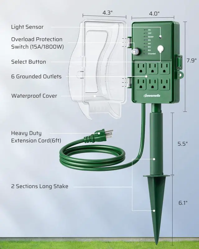 Alt view image 6 of 6 - Outdoor Power Stake Timer, Waterproof Dusk to Dawn Timer with 6 Grounded Outlets, 6FT Extension Cord, 1800W/15A Heavy Duty Outlet for Lights, Yard, Garden, ETL Listed