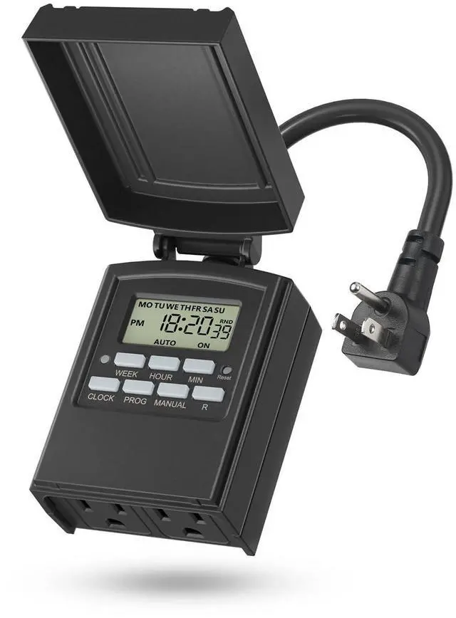 Main image of 7 Day Outdoor Heavy Duty Digital Programmable Timer, Outdoor Timer Outlet Waterproof, 2 Grounded Electrical Outlets for Christmas Lights, 15A 1/2HP,ETL Listed