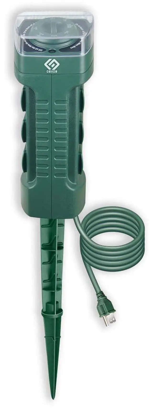 Main image of Outdoor Power Stake with Photocell Timer 2/4/6/8 Hour Countdown, Dusk to Dawn, 6 Grounded Outlets 6FT Cord, UL Listed, Green