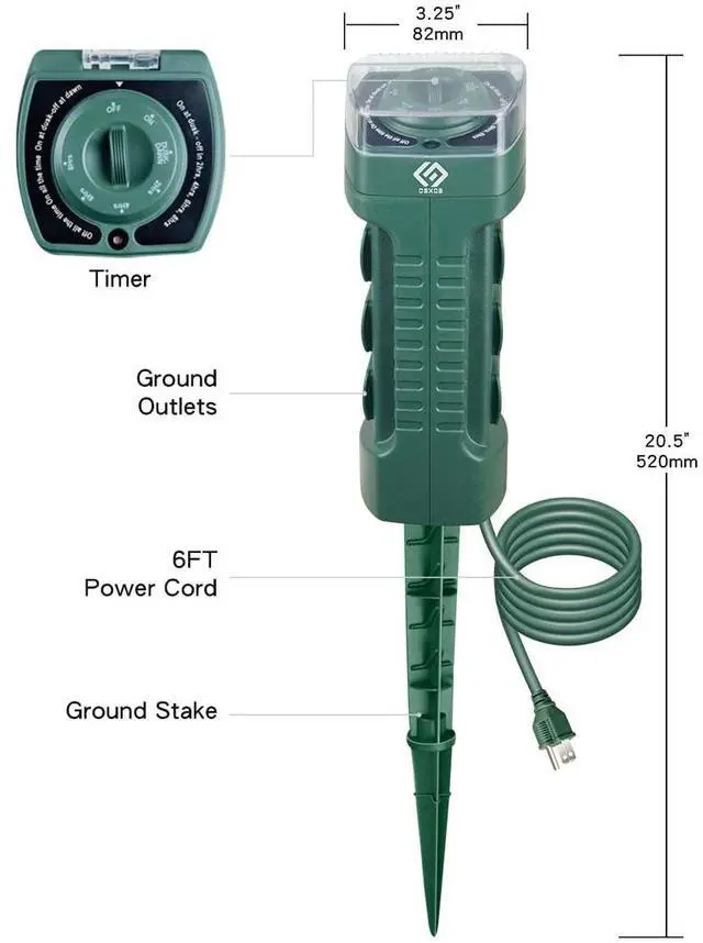 Alt view image 2 of 5 - Outdoor Power Stake with Photocell Timer 2/4/6/8 Hour Countdown, Dusk to Dawn, 6 Grounded Outlets 6FT Cord, UL Listed, Green