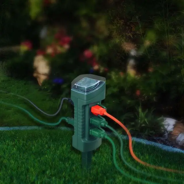 Alt view image 4 of 5 - Outdoor Power Stake with Photocell Timer 2/4/6/8 Hour Countdown, Dusk to Dawn, 6 Grounded Outlets 6FT Cord, UL Listed, Green