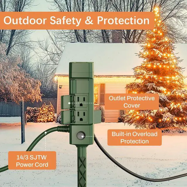 Alt view image 4 of 7 - Outdoor Power Stake Timer 25FT Extension Cord Waterproof, Remote Control Photocell Dusk to Dawn Light Timer, 6 Grounded Outlets for String Lights & Christmas Decorations, ETL