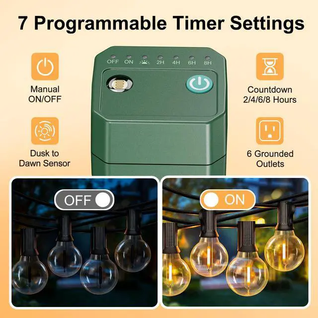 Alt view image 3 of 7 - Outdoor Power Stake Timer 25FT Extension Cord Waterproof, Remote Control Photocell Dusk to Dawn Light Timer, 6 Grounded Outlets for String Lights & Christmas Decorations, ETL