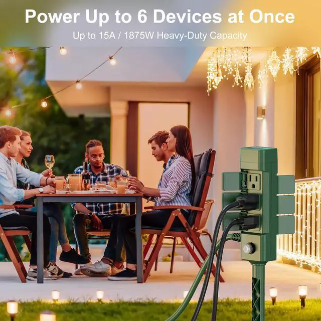 Alt view image 5 of 7 - Outdoor Power Stake Timer 25FT Extension Cord Waterproof, Remote Control Photocell Dusk to Dawn Light Timer, 6 Grounded Outlets for String Lights & Christmas Decorations, ETL