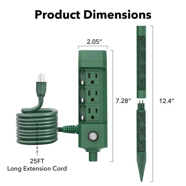 Alt view image 7 of 7 - Outdoor Power Stake Timer 25FT Extension Cord Waterproof, Remote Control Photocell Dusk to Dawn Light Timer, 6 Grounded Outlets for String Lights & Christmas Decorations, ETL