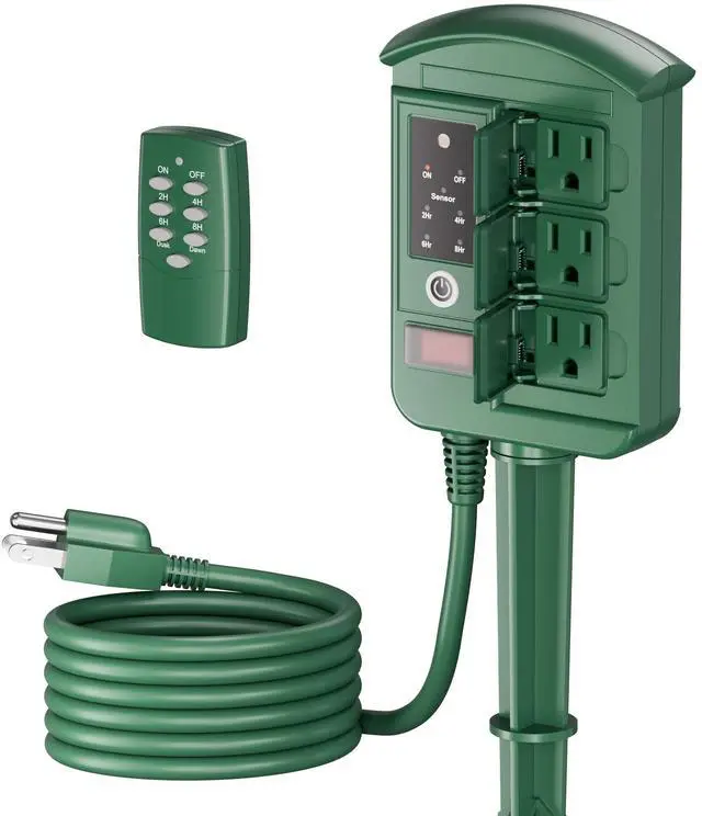Main image of Outdoor Power Stake with Dusk to Dawn Timer, Waterproof 6 Grounded Outlets, 6FT Cord, 100FT Remote Control, Heavy Duty Outdoor Plug for Christmas Lights, Yard, Garden, ETL Listed