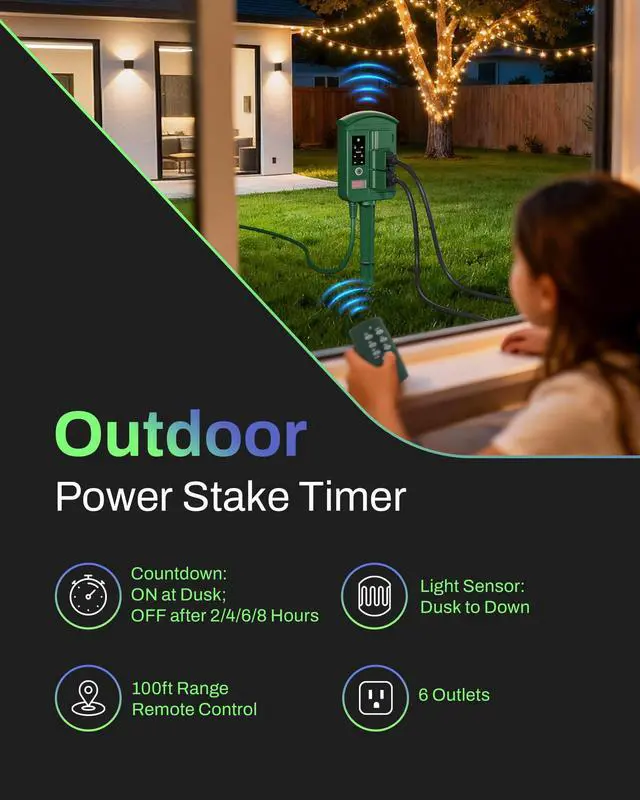 Alt view image 2 of 7 - Outdoor Power Stake with Dusk to Dawn Timer, Waterproof 6 Grounded Outlets, 6FT Cord, 100FT Remote Control, Heavy Duty Outdoor Plug for Christmas Lights, Yard, Garden, ETL Listed