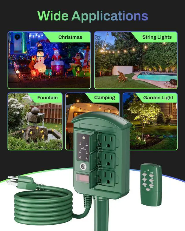 Alt view image 7 of 7 - Outdoor Power Stake with Dusk to Dawn Timer, Waterproof 6 Grounded Outlets, 6FT Cord, 100FT Remote Control, Heavy Duty Outdoor Plug for Christmas Lights, Yard, Garden, ETL Listed