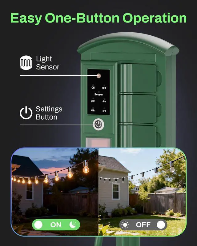 Alt view image 4 of 7 - Outdoor Power Stake with Dusk to Dawn Timer, Waterproof 6 Grounded Outlets, 6FT Cord, 100FT Remote Control, Heavy Duty Outdoor Plug for Christmas Lights, Yard, Garden, ETL Listed