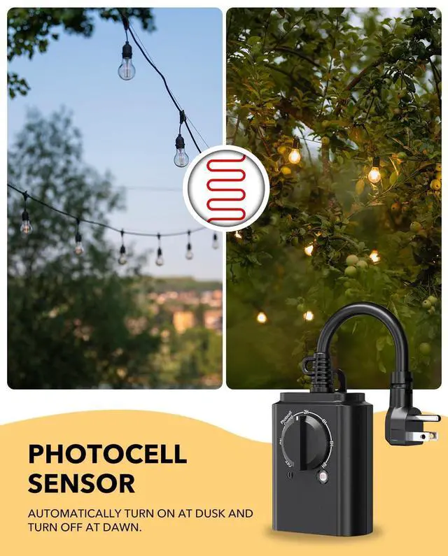 Alt view image 3 of 6 - Outdoor Light Timer with Dusk to Dawn Sensor, Weatherproof Dual Grounded Outlets for Christmas Decorations, 15A 1/2HP ETL Listed(2 Pack)