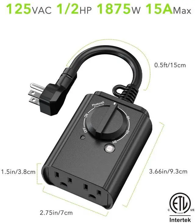 Alt view image 5 of 6 - Outdoor Light Timer with Dusk to Dawn Sensor, Weatherproof Dual Grounded Outlets for Christmas Decorations, 15A 1/2HP ETL Listed(2 Pack)