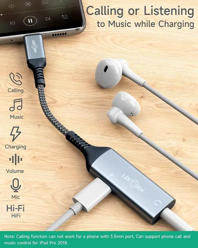 Alt view image 2 of 7 - USB C to 3.5mm Headphone Jack and Charger Adapter,2 in 1 Hi-Res Audio & PD 60W Fast Charging Dongle,Type C to Aux Splitter Cable Cord for iPhone 17/16/15 Pro Max,Samsung S25/S24/S23,iPad Pro,Pixel