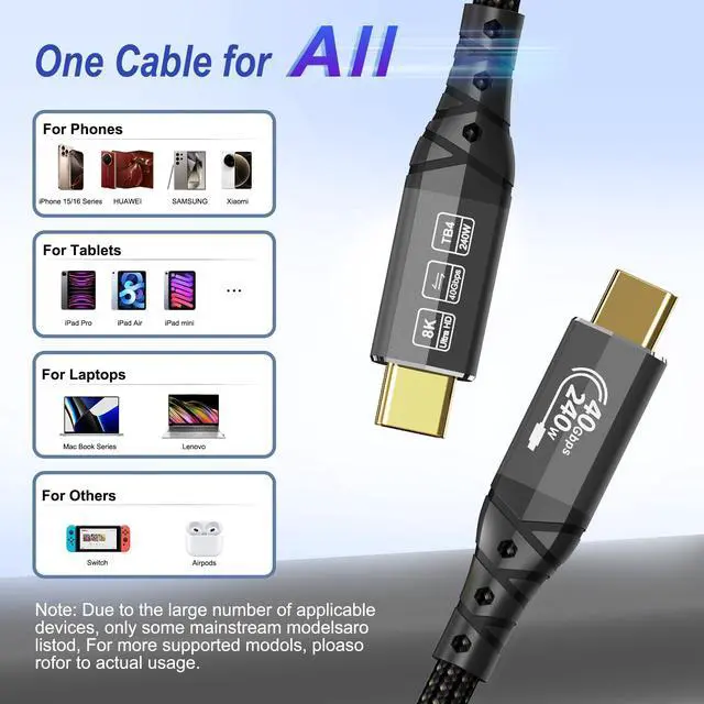 Alt view image 7 of 7 - 40Gbps for Thunderbolt 4 Cable 6.6FT/2m, USB 4 Data Cable, 8K/4K USB C Display, 240W Charging Thunderbolt Cable, for Thunderbolt 3, iPhone 16 Series, SSD, MacBook, eGPU, Monitors, Laptops